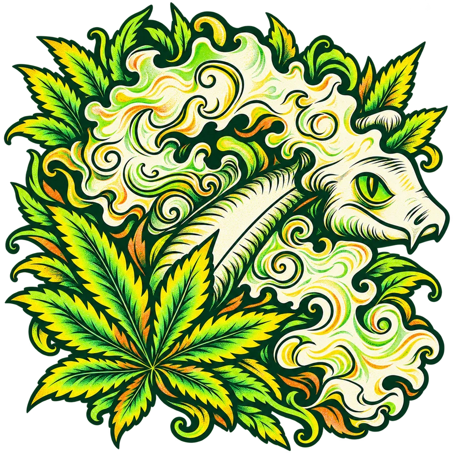 Interpretación gráfica del dragón de Sativa entre hojas verdes y amarillas