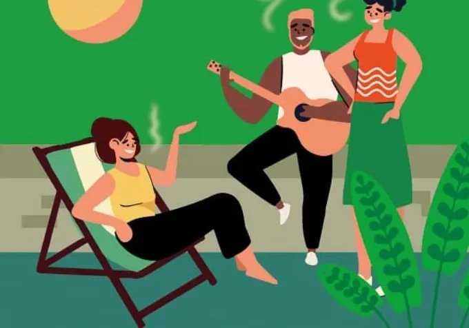 Ilustración original de tres personas conviviendo, de Sativa High Club